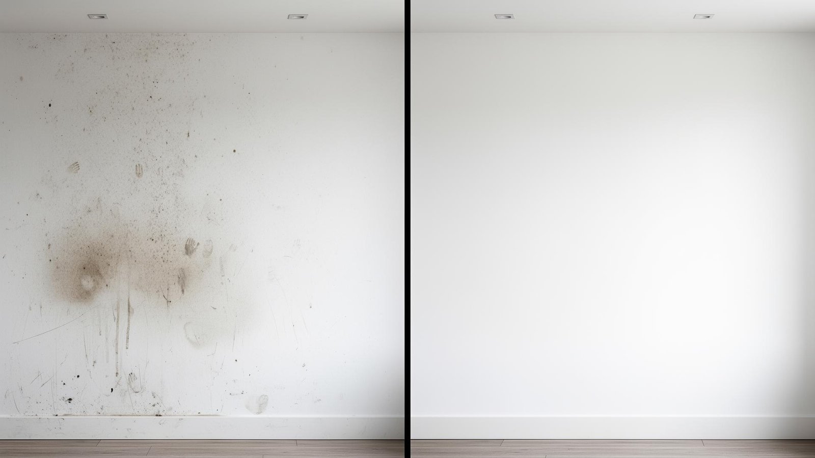 مقارنة قبل وبعد تنظيف جدار متسخ — نتيجة تنظيف الجدران الاحترافي