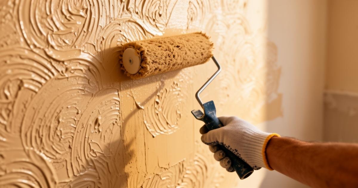 تطبيق دهان تكسترة بالرولر على جدار داخلي يُظهر الملمس ثلاثي الأبعاد