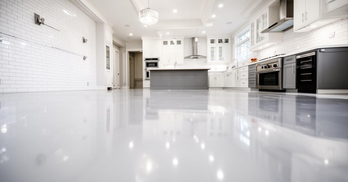 أرضية وجدران مطبخ حديث مطلية بدهان إيبوكسي لامع عاكس