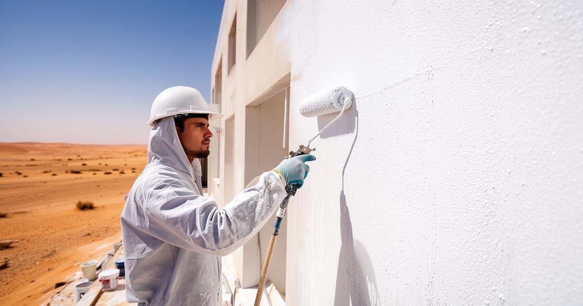 تطبيق دهان عازل حراري أبيض على واجهة مبنى في مناخ صحراوي حار