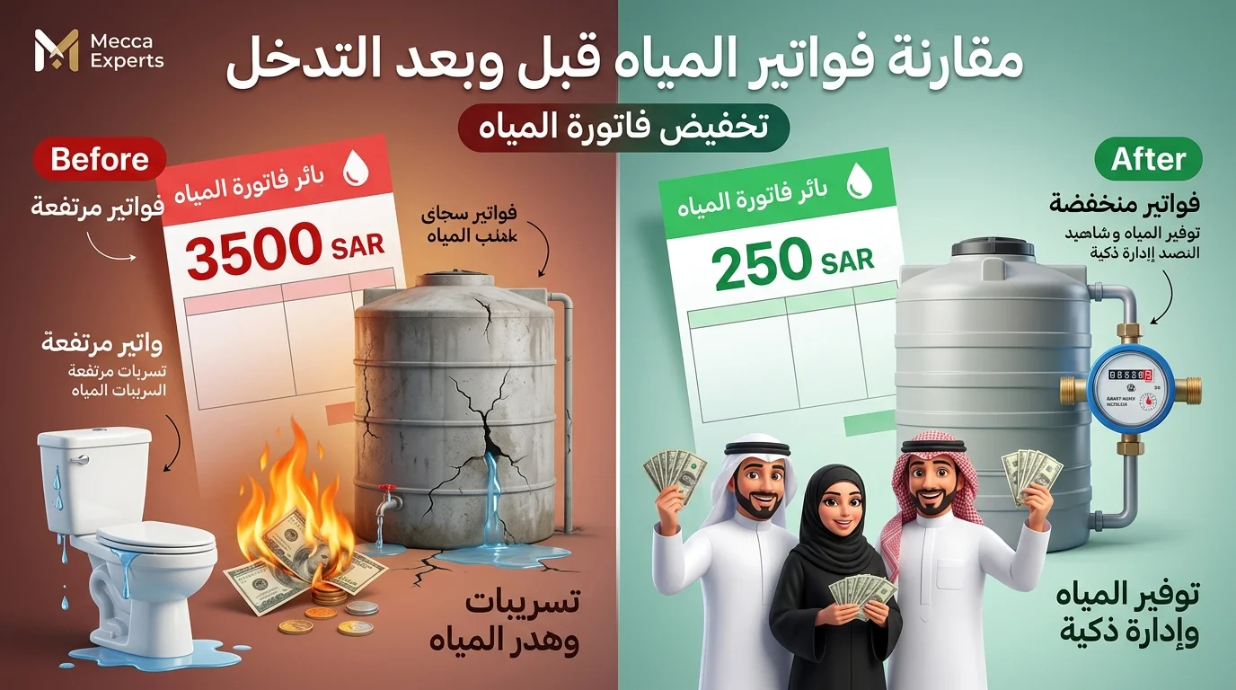 مقارنة فواتير المياه قبل وبعد كشف التسربات وعزل الخزانات في السعودية