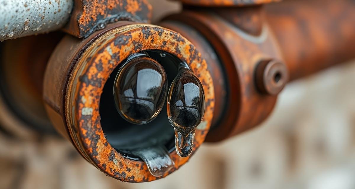 وصلة ماسورة مياه صدئة ومتآكلة مع قطرات مياه تتسرب من نقطة الربط