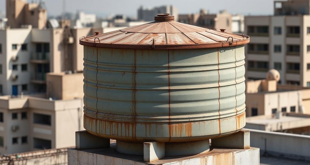 خزان مياه علوي قديم على سطح مبنى مع بقع صدأ وآثار تسرب