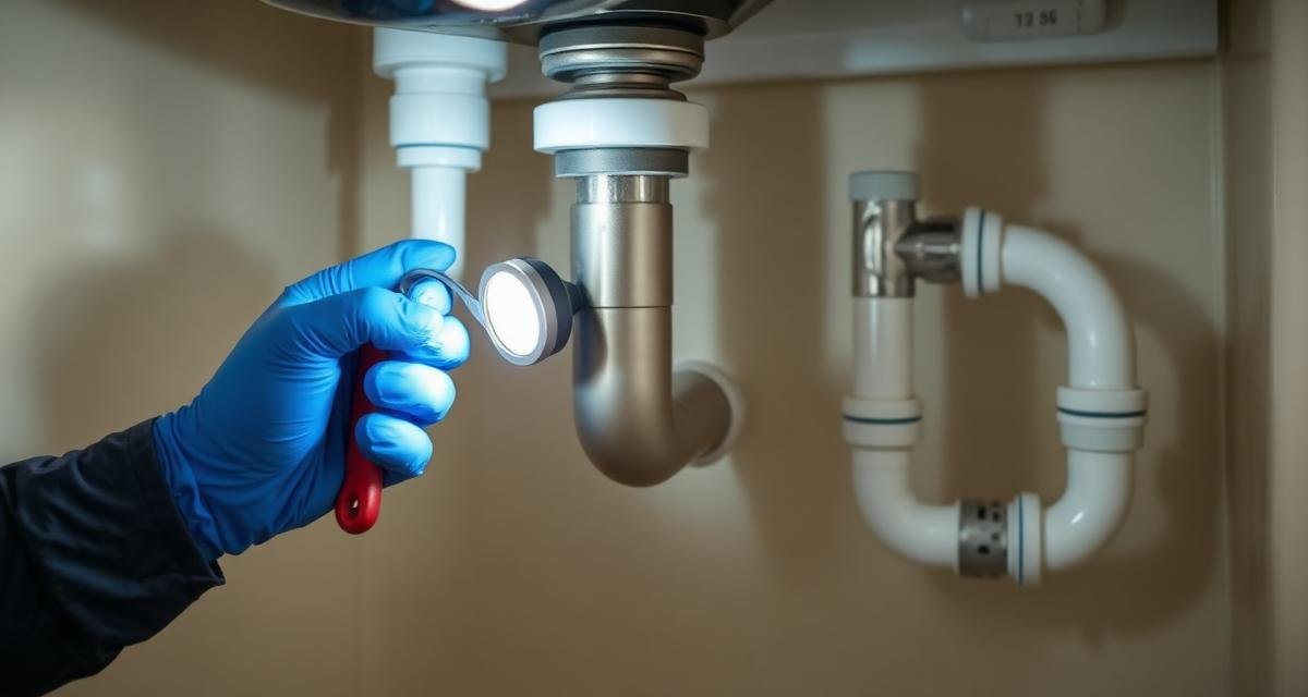 فني سباكة يفحص مواسير تحت مغسلة المطبخ بقفازات زرقاء ومصباح