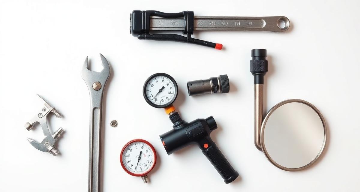 أدوات صيانة سباكة منزلية مرتبة على سطح أبيض تشمل مفتاح ربط ومقياس ضغط