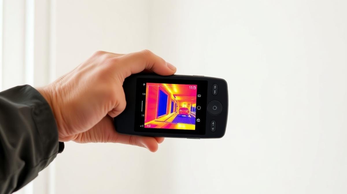 يد فني تمسك جهاز كشف تسربات حراري على جدار لتحديد موقع التسرب بدقة