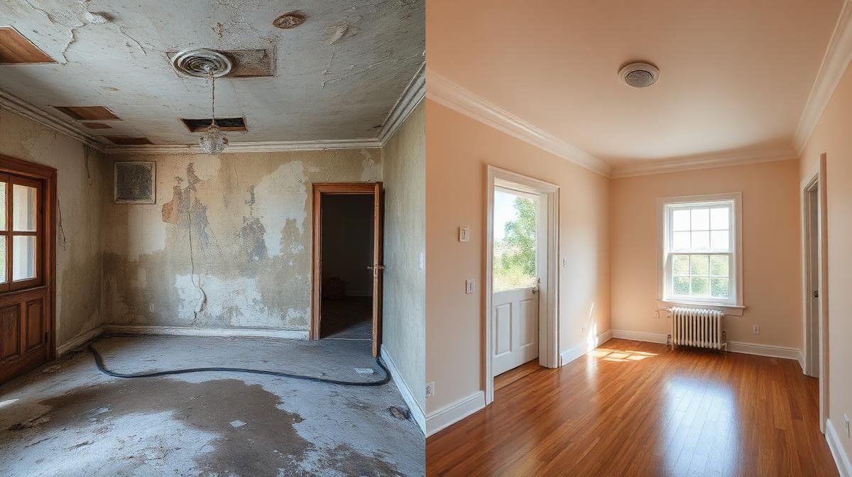 مقارنة بصرية بين منزل متضرر من التسربات ومنزل تم إصلاحه بشكل احترافي