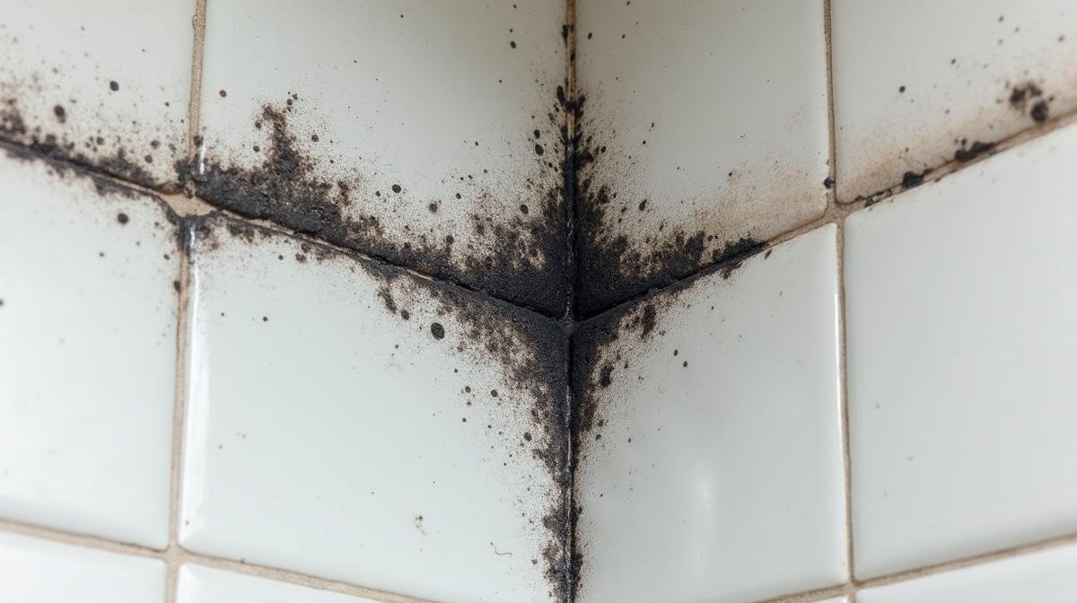 عفن أسود على زاوية حمام ناتج عن رطوبة مزمنة وتسرب مياه