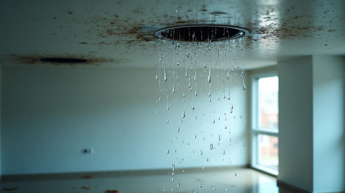 تسرب مياه من سقف مبنى مع بقع رطوبة واضحة