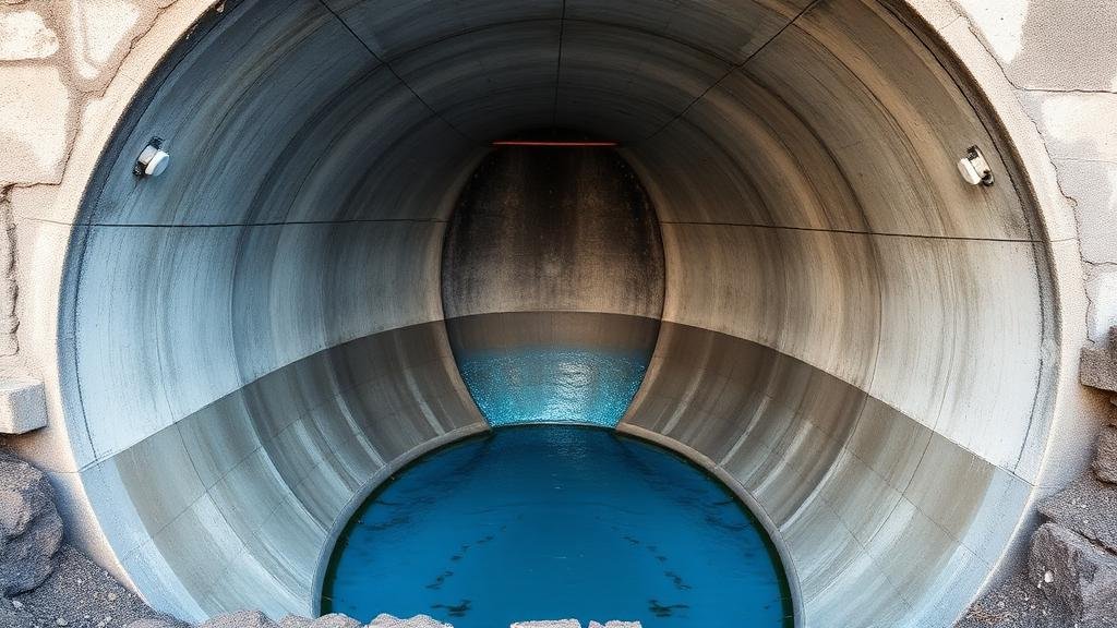 خزان أرضي خرساني مفتوح يظهر طبقة عزل إيبوكسي زرقاء لامعة على الجدران الداخلية