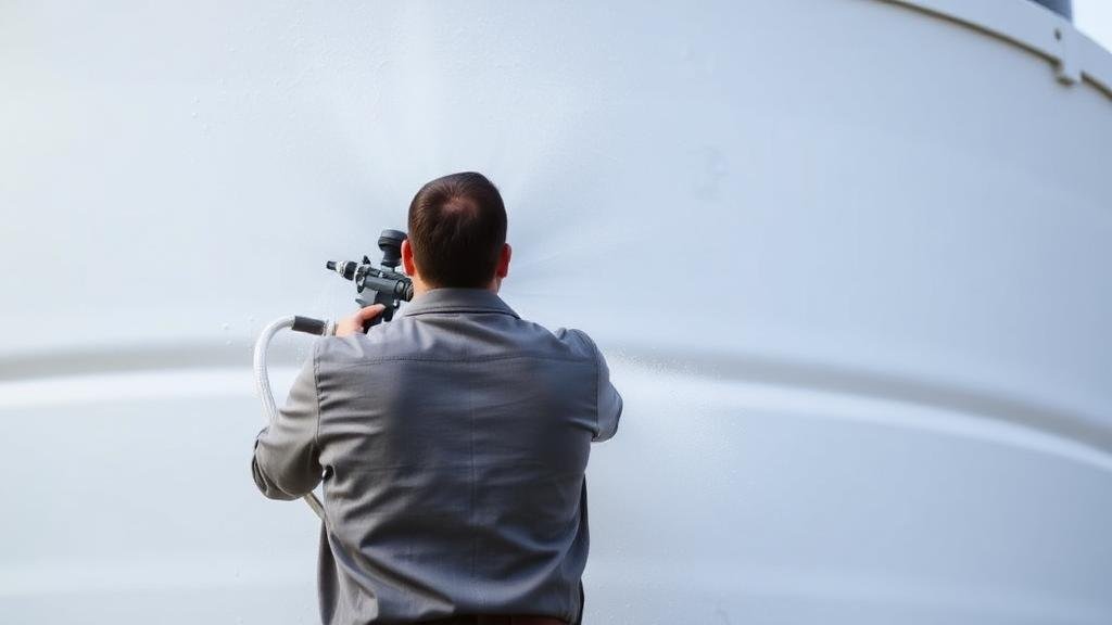 رش رغوة بولي يوريثين على جدار خزان مياه خارجي