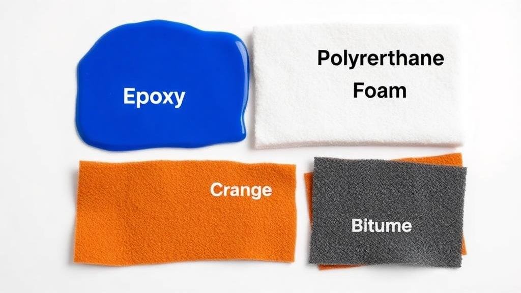 مقارنة بصرية لأنواع مواد عزل الخزانات مع عينات ملونة