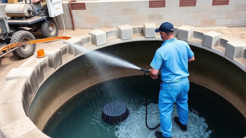 عامل ينظف خزان مياه أرضي بمعدات ضغط عالي احترافية