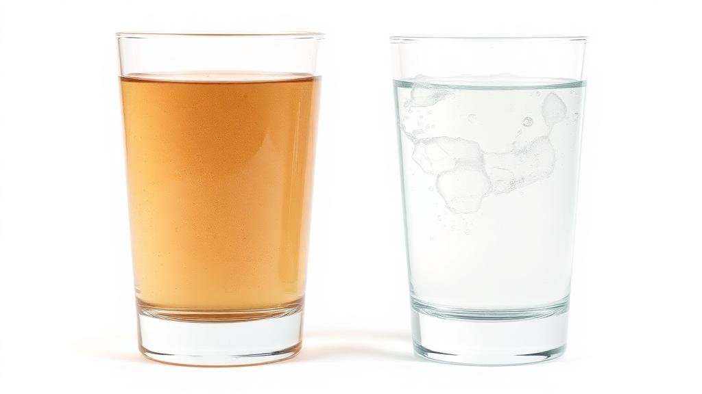 مقارنة بين مياه ملوثة متغيرة اللون ومياه نقية صافية في كوبين شفافين