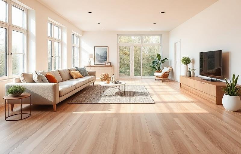 صالة معيشة أنيقة بأرضية باركيه مقاوم للماء فاتح اللون