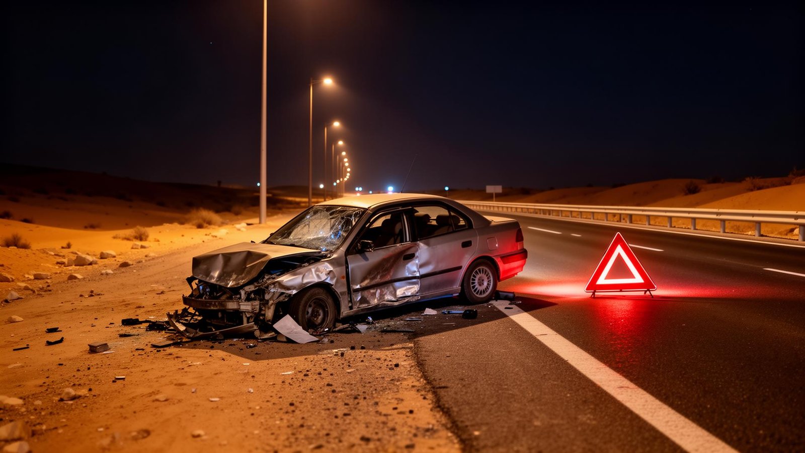 سيارة معطلة على جانب الطريق ليلاً مع مثلث تحذيري