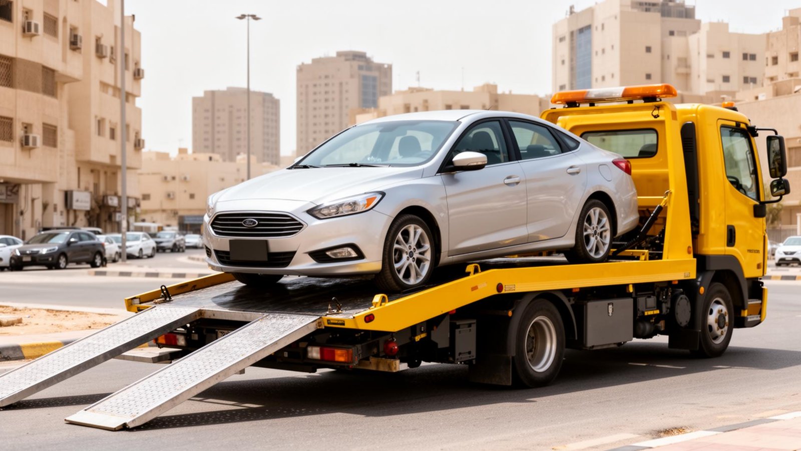 عملية تحميل سيارة على سطحة مسطحة في مدينة سعودية