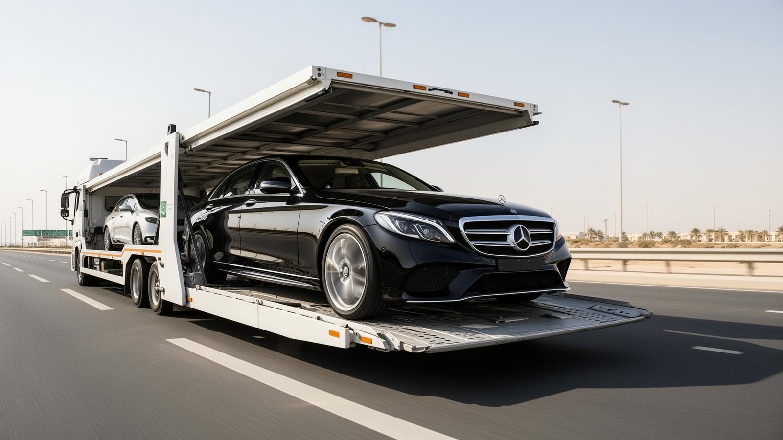 نقل سيارة فارهة بسطحة مغلقة على طريق سعودي