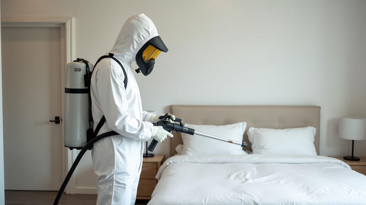 فني مكافحة بق الفراش المحترف أثناء المعالجة الوقائية