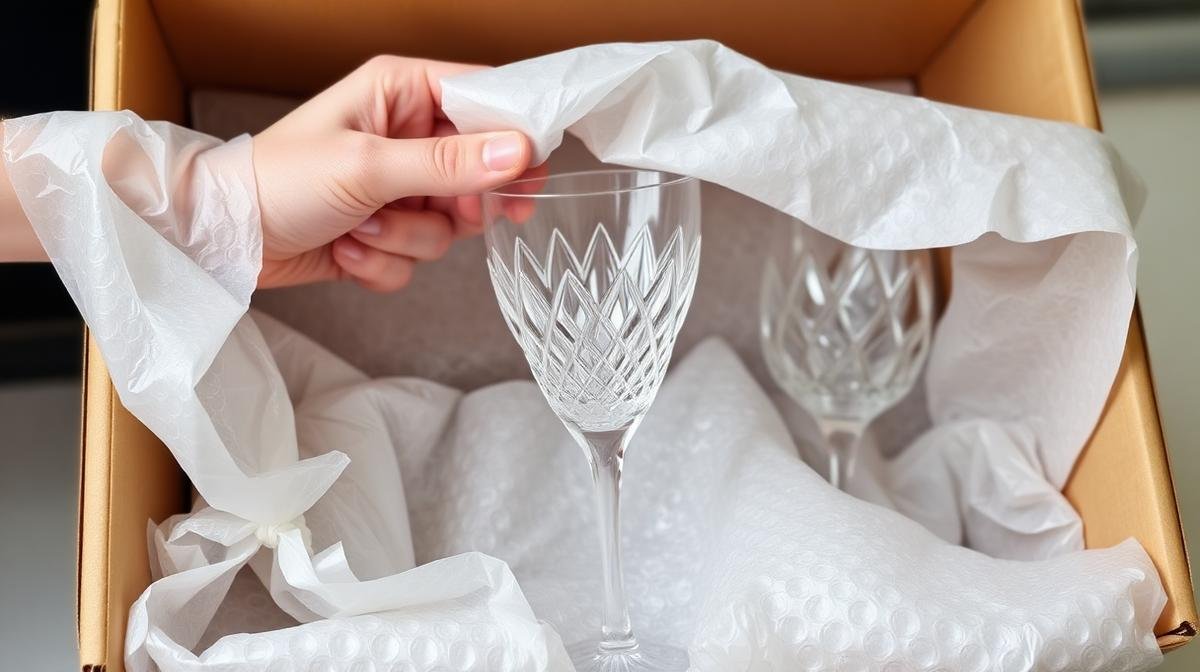 تغليف أواني كريستال بورق حماية وفقاعات في صندوق مقسم