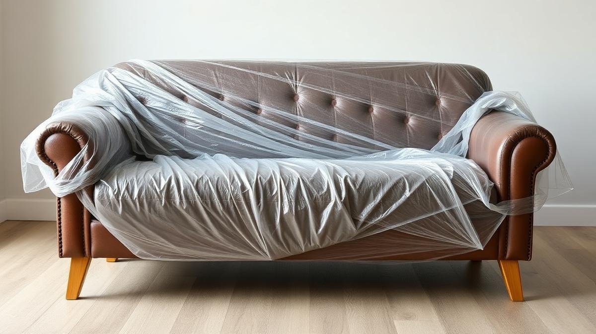 تغليف كنب جلدي ببطانيات حماية وطاولة خشبية بالفوم