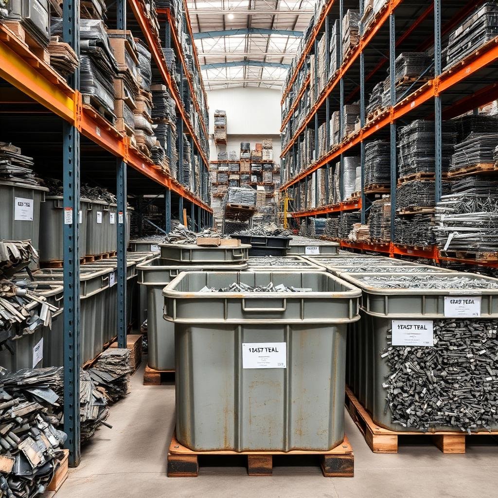 مستودع سكراب منظم مع حاويات مصنفة حسب نوع المعدن