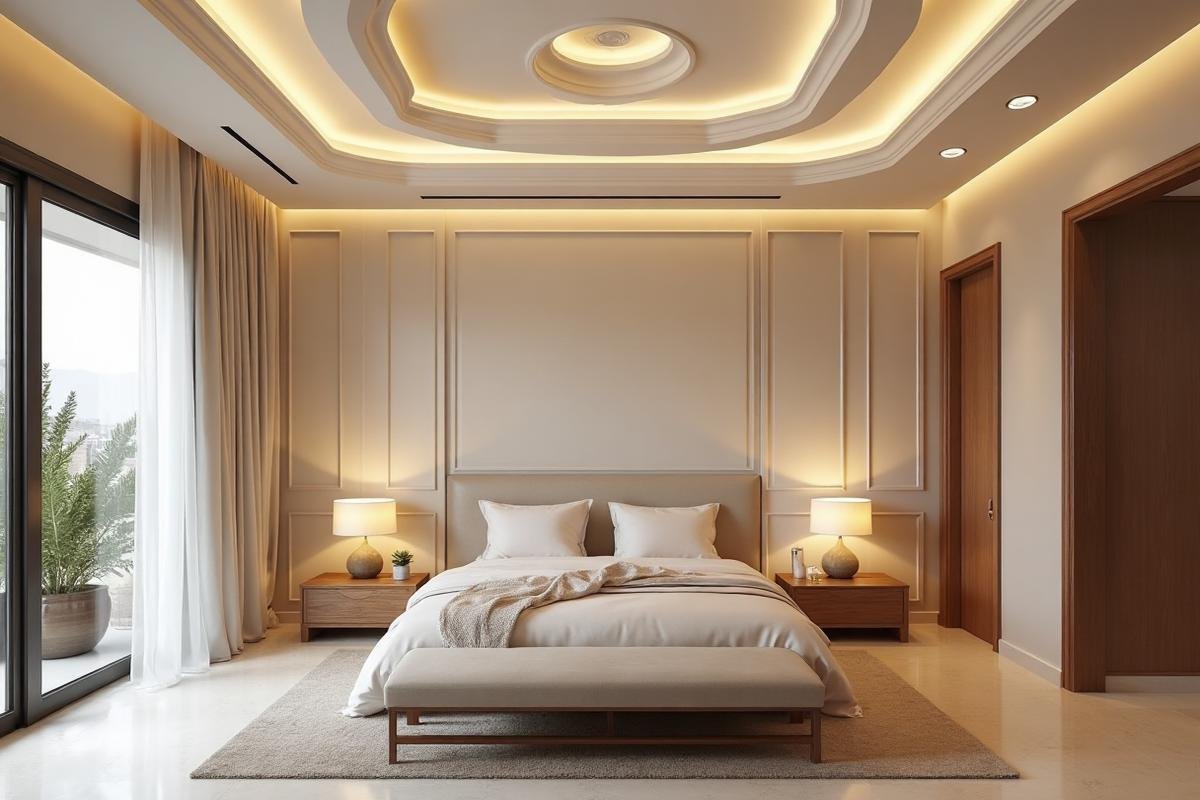 ديكور جبس بورد لغرفة النوم مع إضاءة هادئة