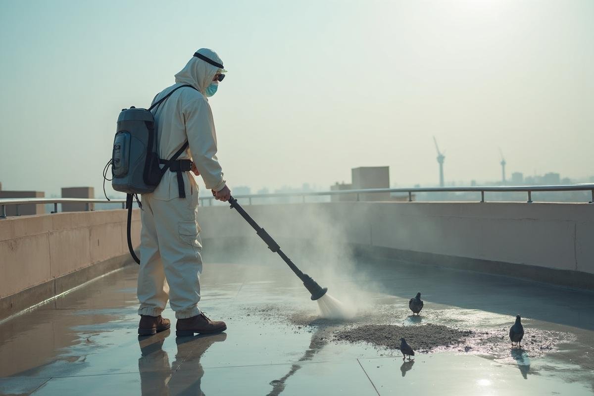 تنظيف وتعقيم الأسطح من فضلات الحمام قبل تركيب الطارد - خبراء مكة