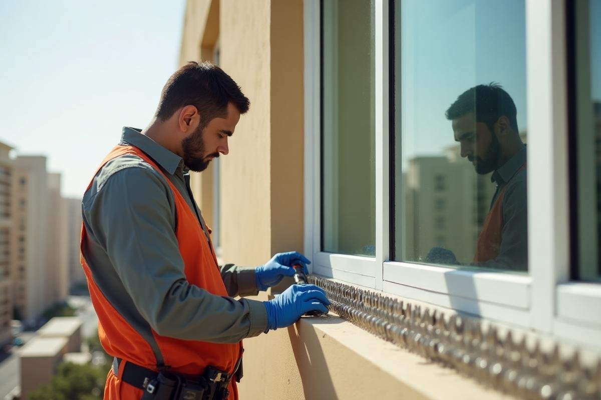 فني يركب أشواك طارد الحمام على نافذة مبنى بمكة - خبراء مكة