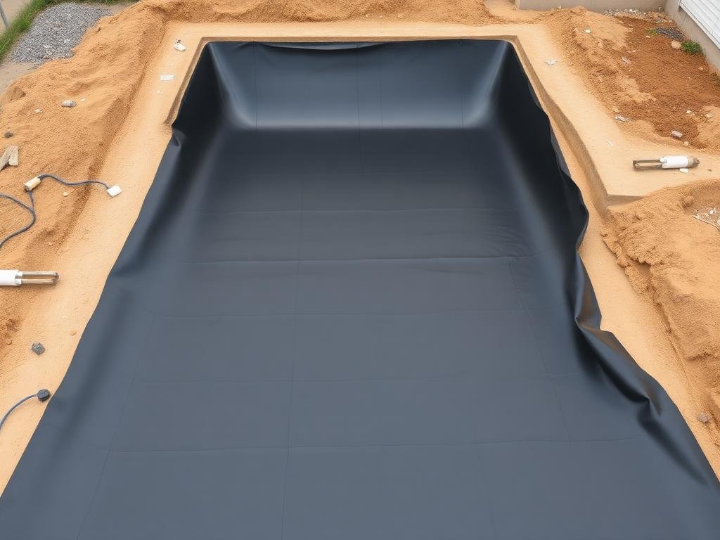 تركيب غشاء عزل مائي أسود على أساسات المسبح