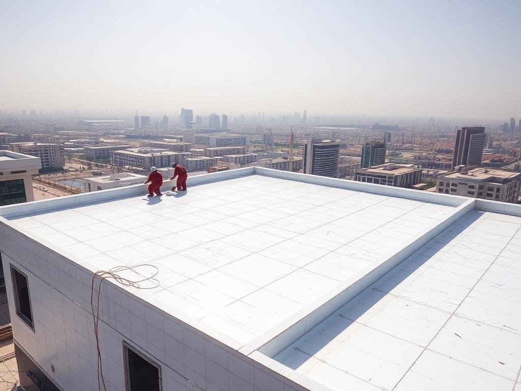 تطبيق عزل حراري أبيض عاكس على سطح مبنى بمكة