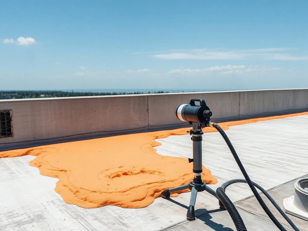 رش فوم بولي يوريثان برتقالي على سطح خرساني