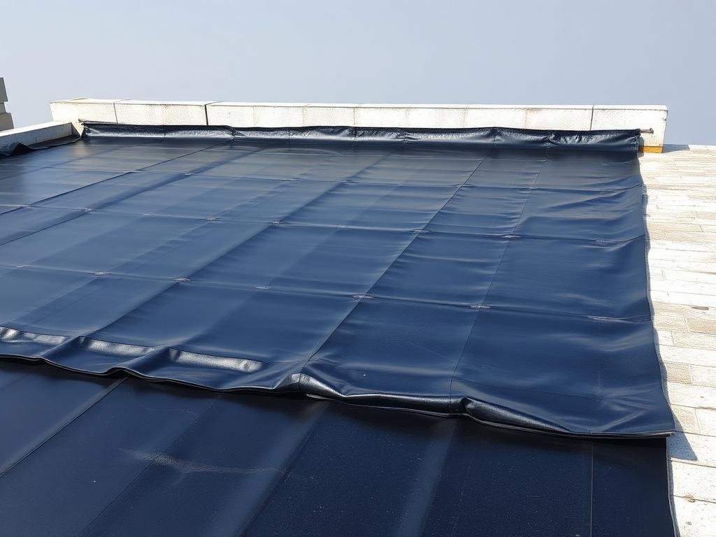 تركيب رولات عزل مائي سوداء على سطح المبنى