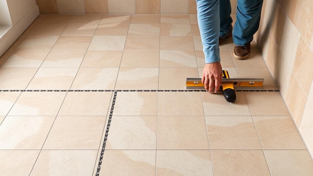 معلم مبلط يقوم بتركيب سيراميك أرضيات باحترافية