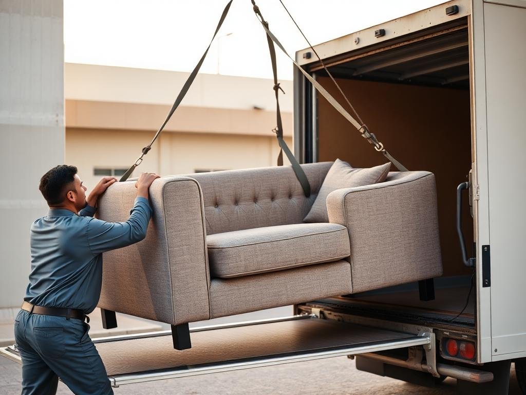 تحميل الأثاث بعناية على سيارة النقل