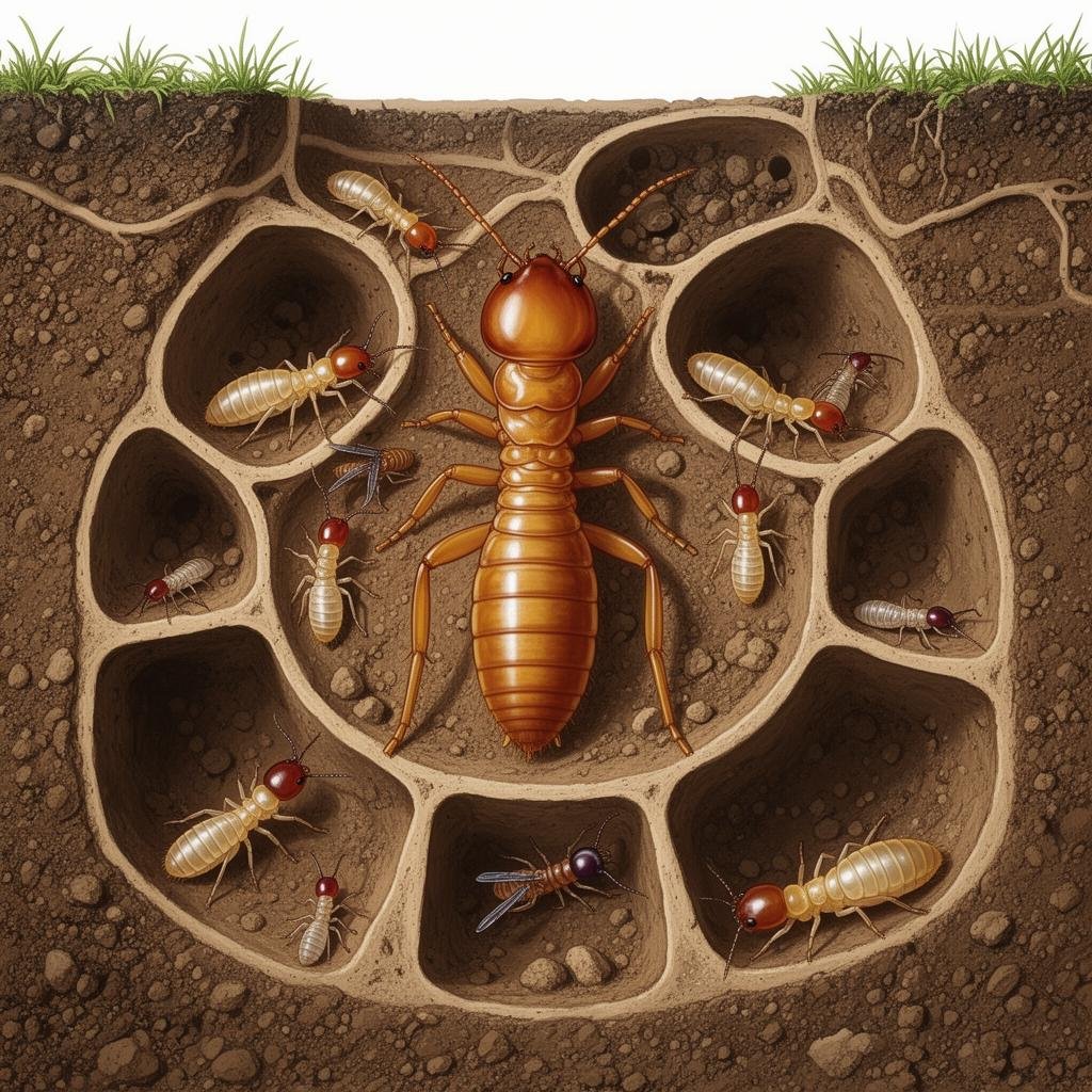 مستعمرة النمل الأبيض تحت الأرض تظهر الملكة والشغالات والجنود