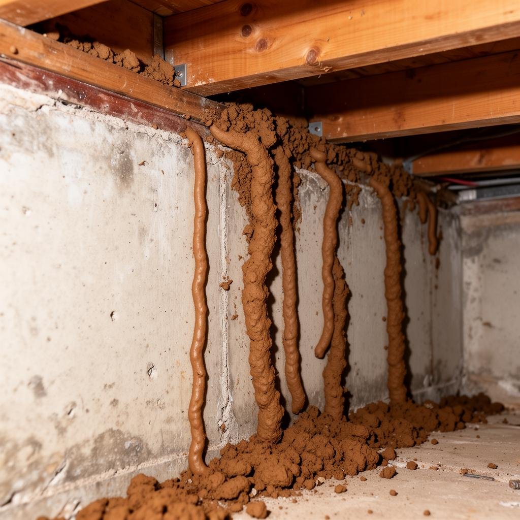 الأنابيب الطينية للنمل الأبيض على جدار المنزل - علامات وجود النمل الأبيض