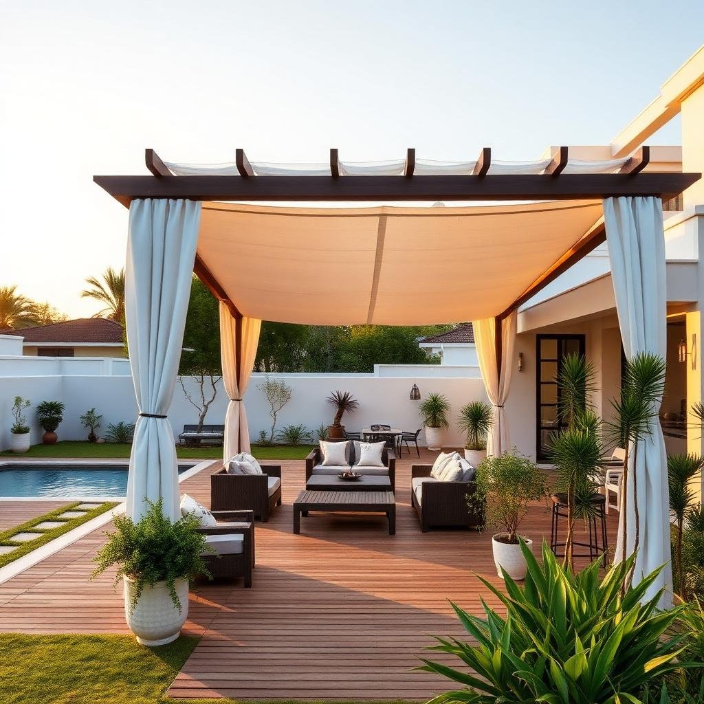مظلات حدائق وجلسات خارجية فاخرة مع أثاث مريح في فيلا سعودية