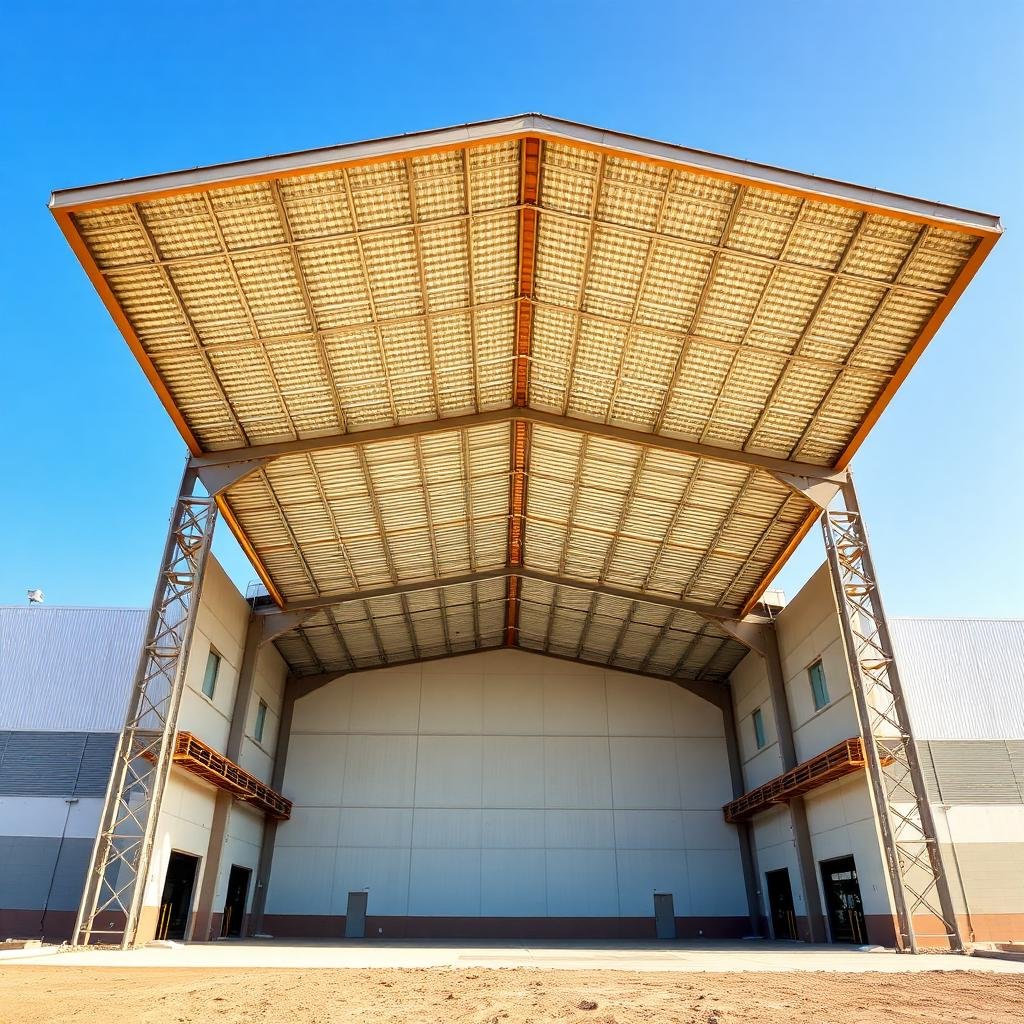 هنجر ومستودع صناعي بهيكل حديدي وسقف ساندوتش بانل