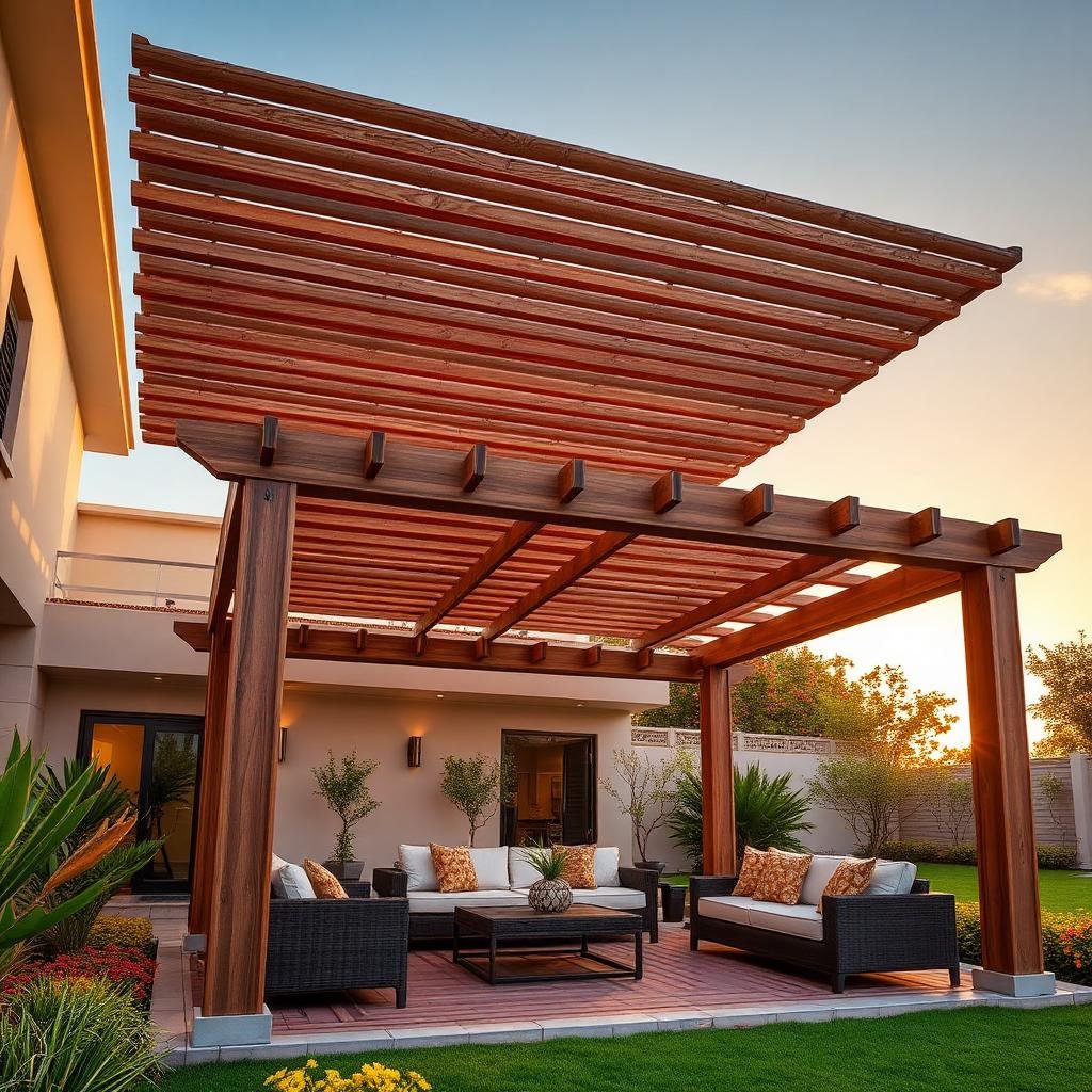 برجولة خشبية فاخرة بسقف شرائحي فوق جلسة حديقة أنيقة