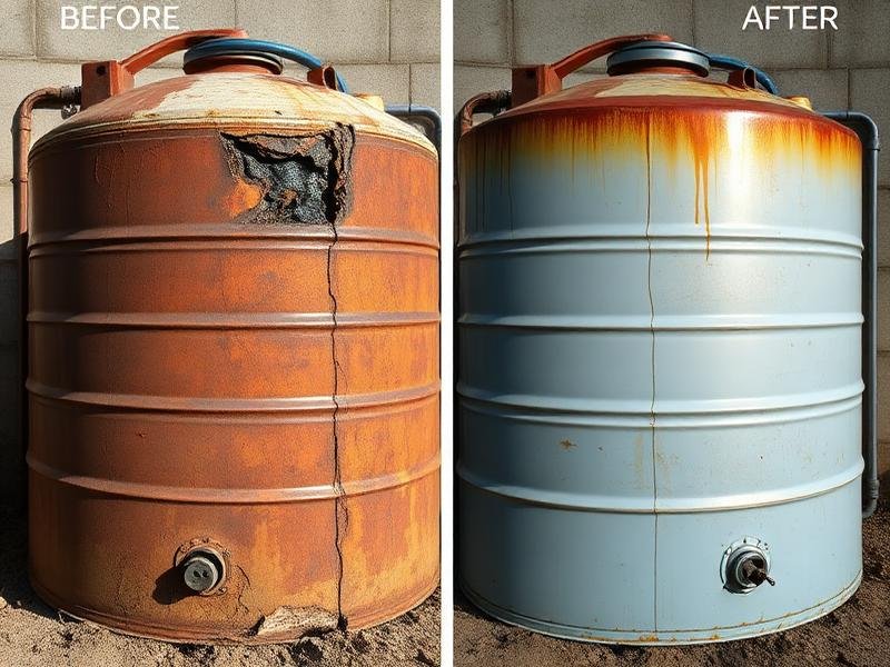 مقارنة قبل وبعد إصلاح خزان مياه متآكل